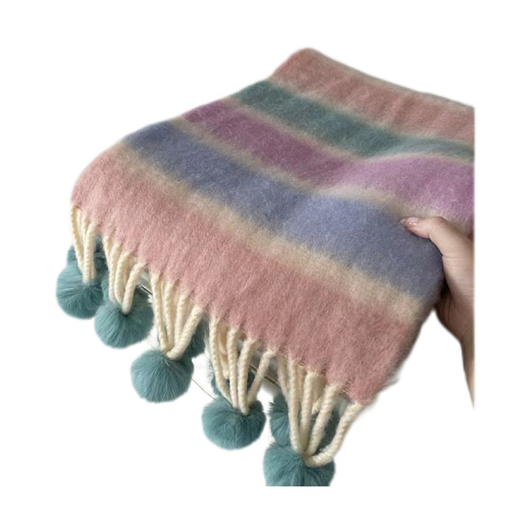 多巴胺彩色条纹手工毛球保暖围巾 加厚 防寒-蓝粉 1 个