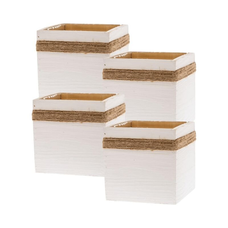 Hộp chậu gỗ phủ trắng kèm dây thừng đay (5 x 5) 4 count