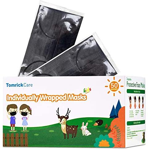 Black Kids Disposable Face Mask , 3 Ply Filter Protection , Individually Wrapped 50 อัน