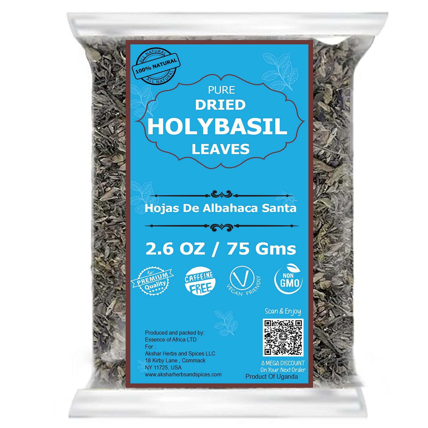 건조된 홀리 바질 잎 74g (2.6온스), 순수 툴시 잎 2.6 oz
