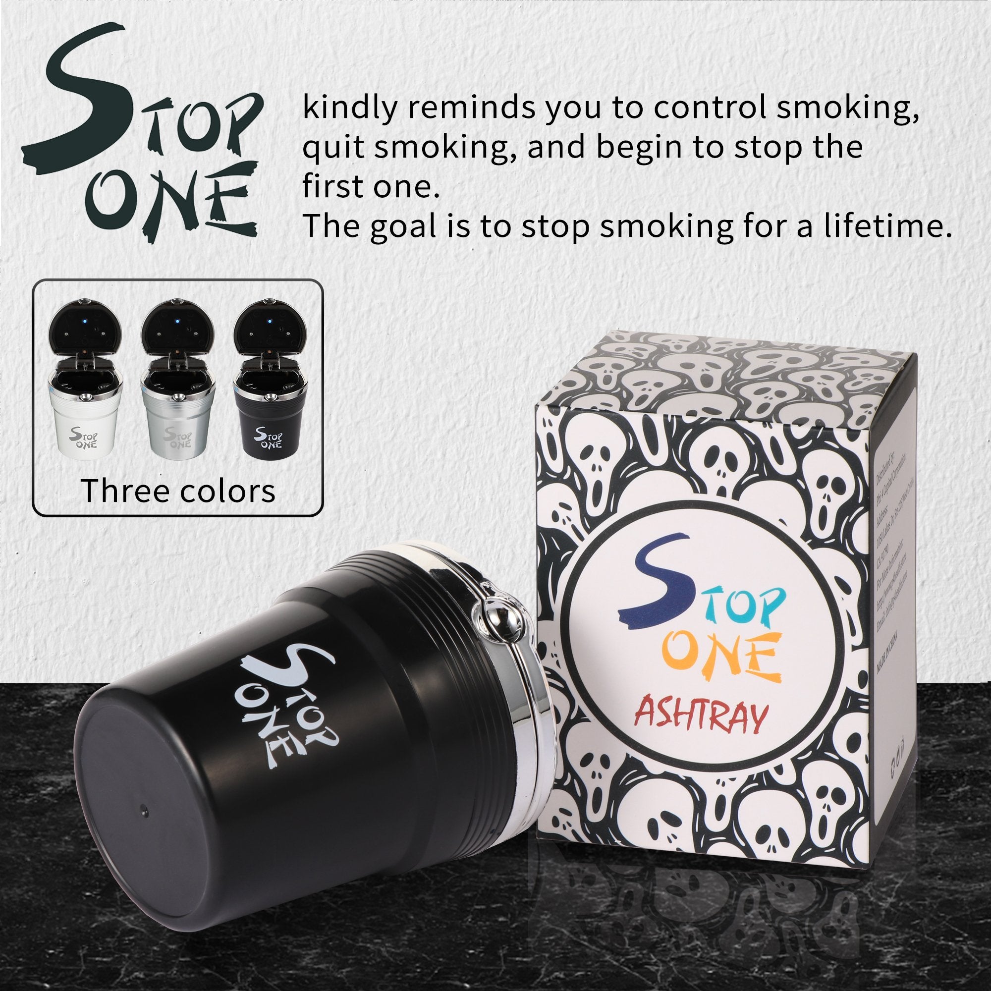 STOP ONE Car Ashtray, Portable Ashtray, CA-511 Auto Ash Tray with Lid and Led, Black Black 1 each