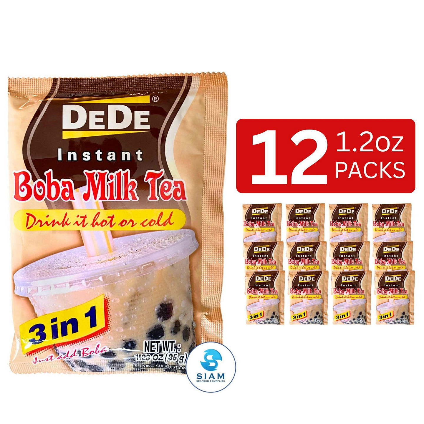 DeDe Instant Boba Milk Tea 35g x 12 packets, Thai Beverage 14.8 oz
