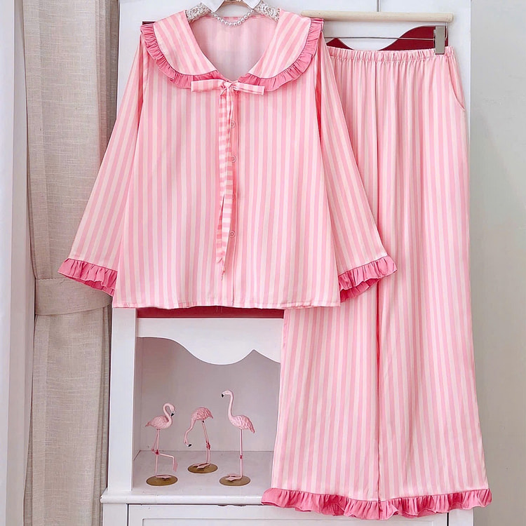 Premium Silk Pink Striped Ruffle Trim Pajama Set 1 count