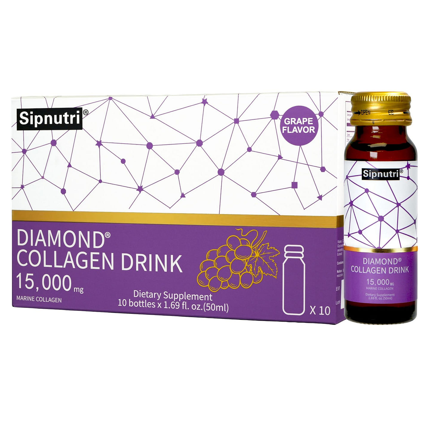 Sipnutri Marine Collagen Drink Grape, 10 Bottles 1 box