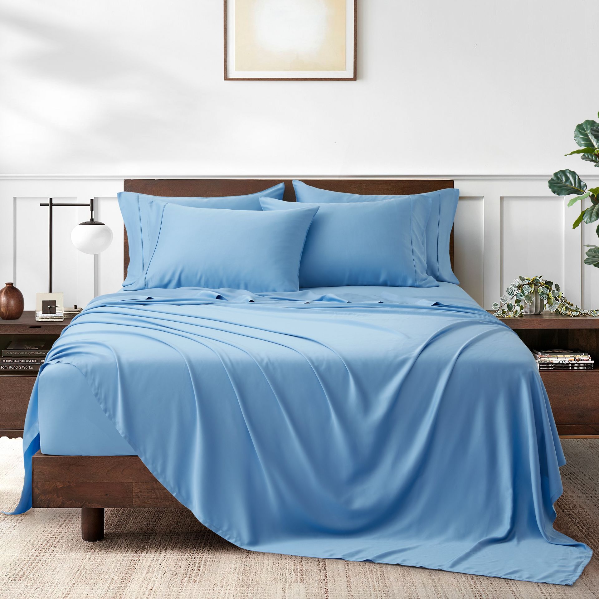 Amerian Home Collection Premium Bamboo Viscose Sheet Set, Blue, Queen 2300 グラム