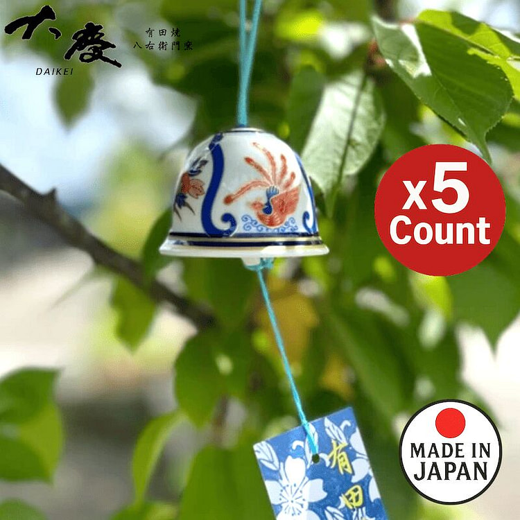Arita Wind Chime Ko-Imari Peony Phoenix 5 Count