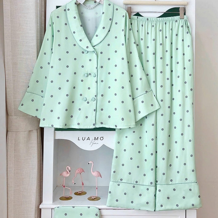 Premium Silk Green Polka Dot Pajama LSLP Set 1 count