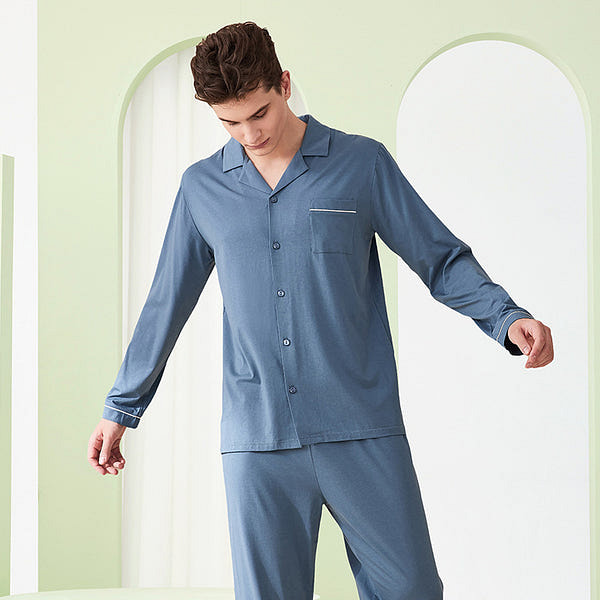 LULLABUY 兰精天丝纯色睡衣套装男士家居服 L码 霜夜蓝