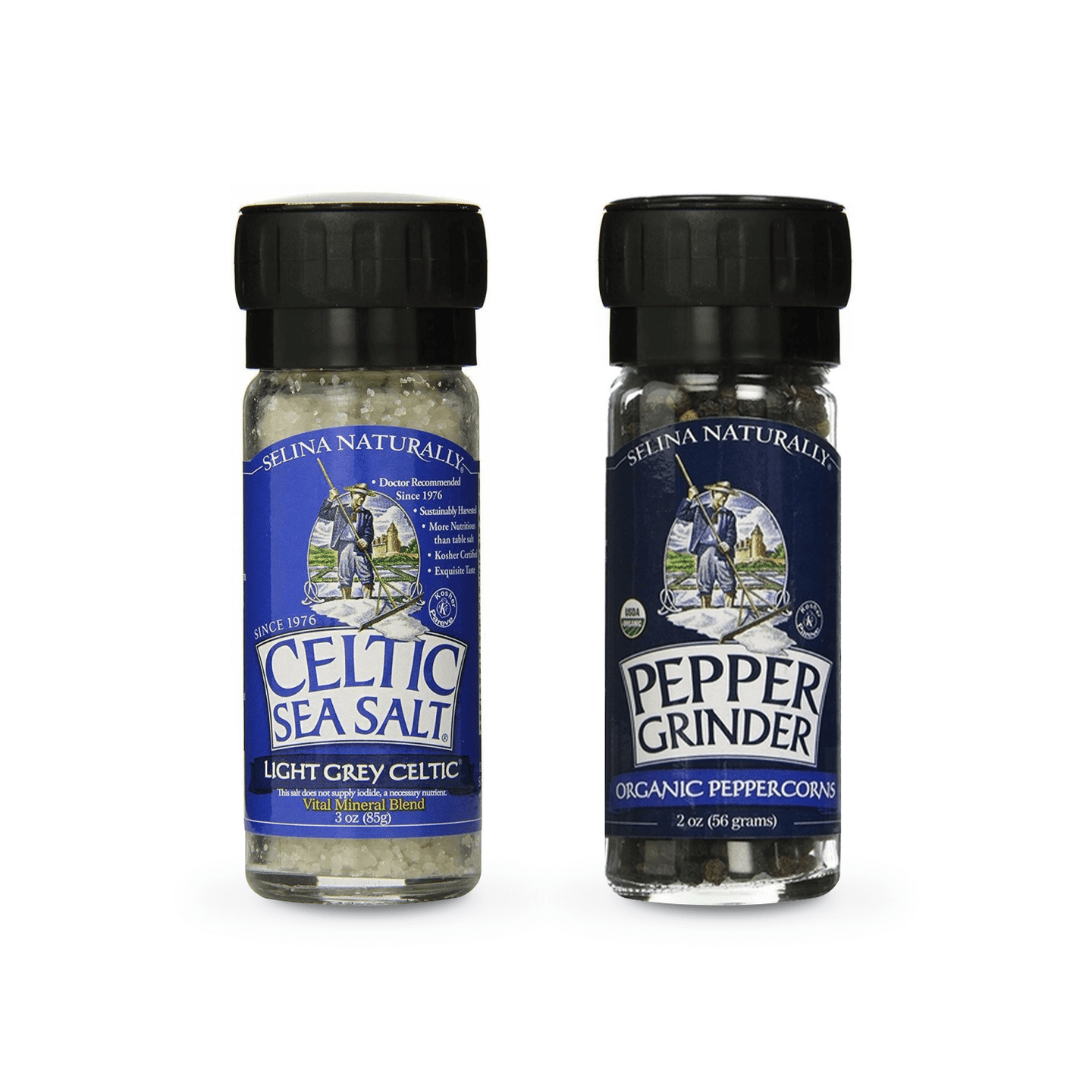Selina Naturally Large Grinders with Light Grey Celtic Salt and Peppercorn 1 case