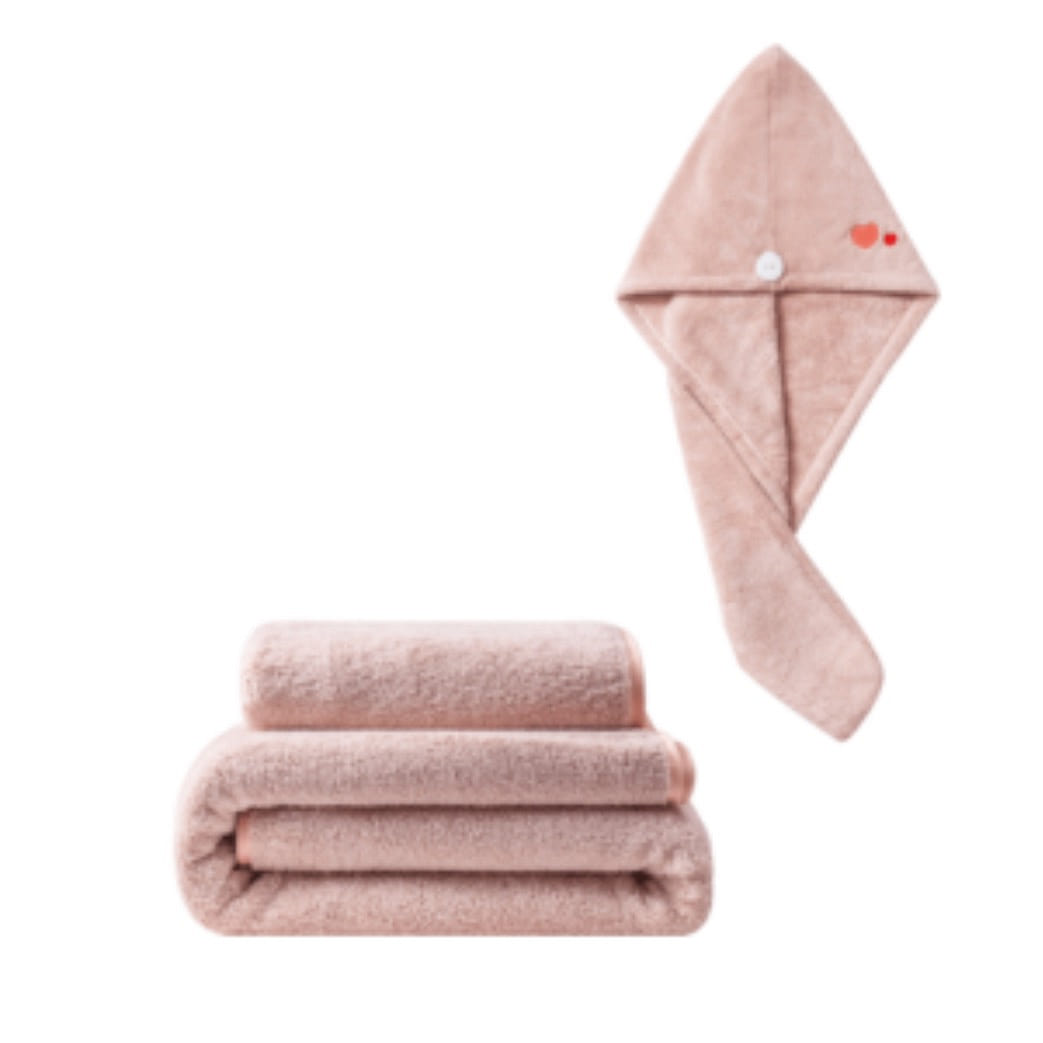 HUIXUN Coral Fleece PInk Combo (Towel, Bath towel, hair drying cap) 1 count