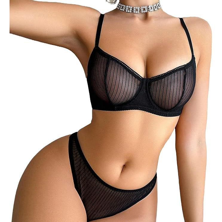 Women's Sexy Black Lace Bra Set Non-padded Size XL