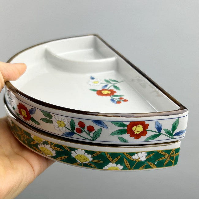 Made-in-Japan Obi Half Round Plate, 9.25 x 5, White Band with Red Flowers 1 each