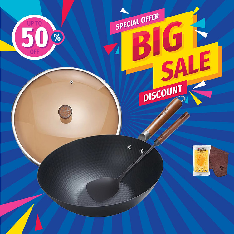 WANGYUANJI Lightweight Carbon Steel Iron Wok+Spatula Uncoated Flat Bottom 3