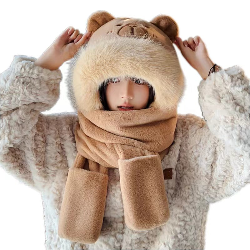 Capibala Hat Scarf And Gloves Three-Piece Winter Windproof Warm – Khaki 1 Pc 1 count