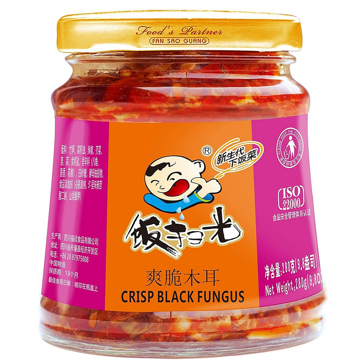 饭扫光爽脆黑木耳辣酱1瓶装 中国名牌 即食川渝香辣黑木耳 泡菜辣椒酱 下饭神器 290g，非常适合米饭 泡面 饺子 馒头 披萨，美国仓库发货，包邮到家