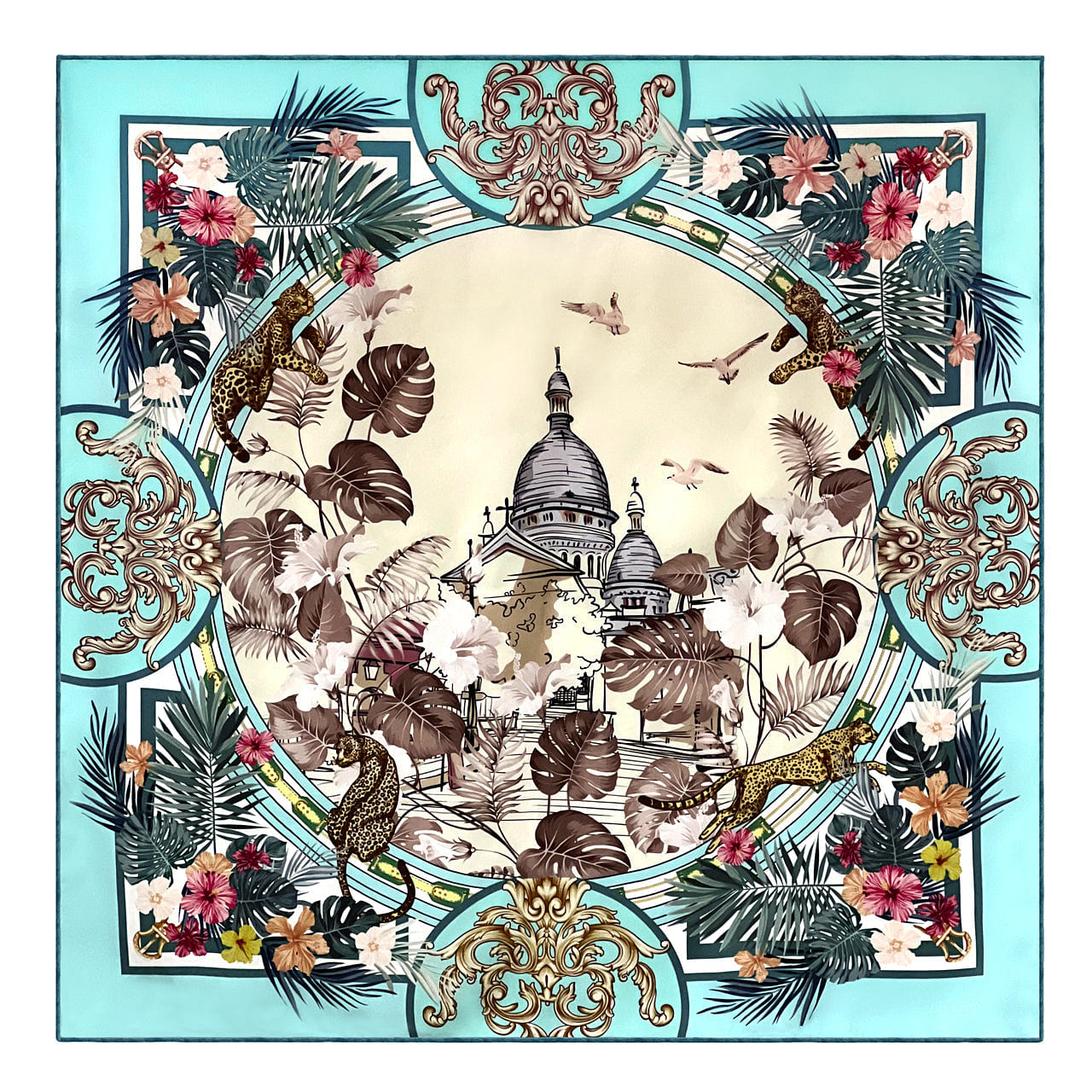36×36 Hand-rolled Hem Silk Twill Scarf, Double-Sided Print, Turquoise  1 count