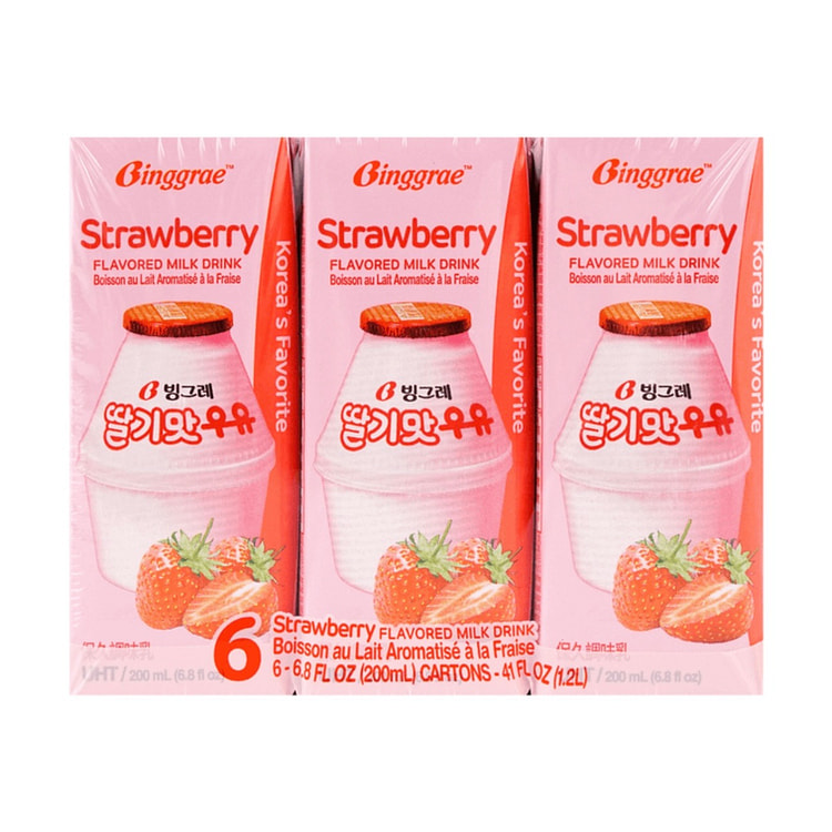 BINGGRAE Strawberry Flavored Milk Drink 200ml* 6 bottle
