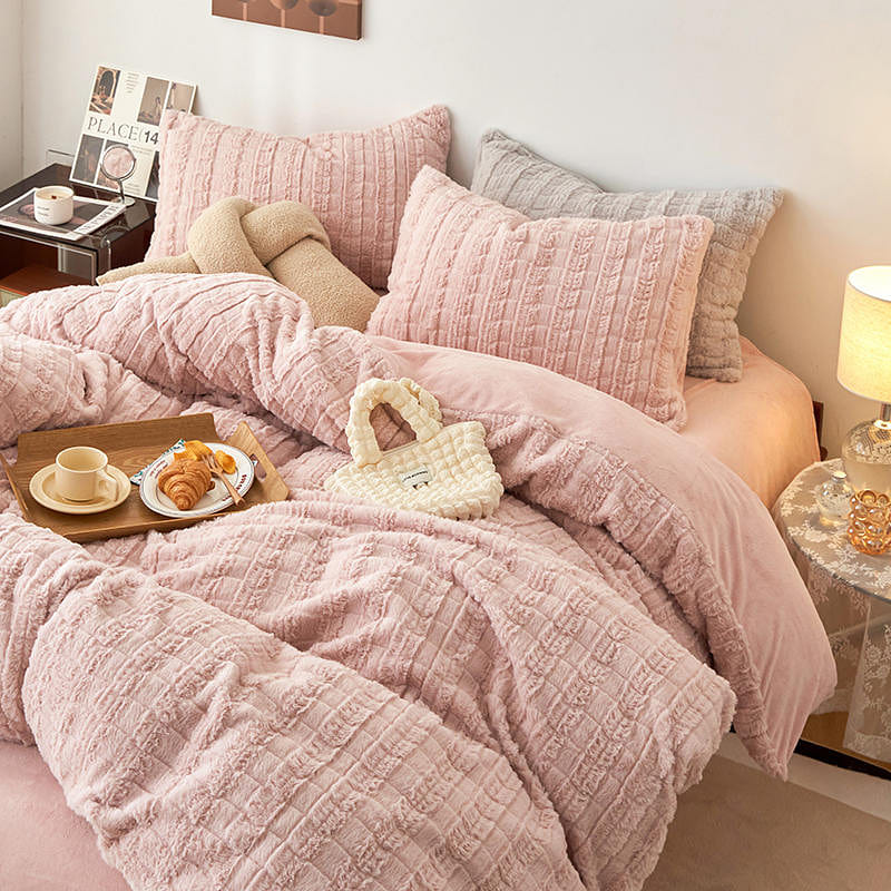LULLABUY Artificial Rabbit Velvet Bedding Set Pink Twin Size 2000 g