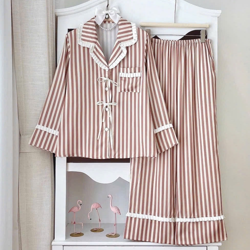 Premium Silk Brown Striped Pleated Trim Pajama 1 count