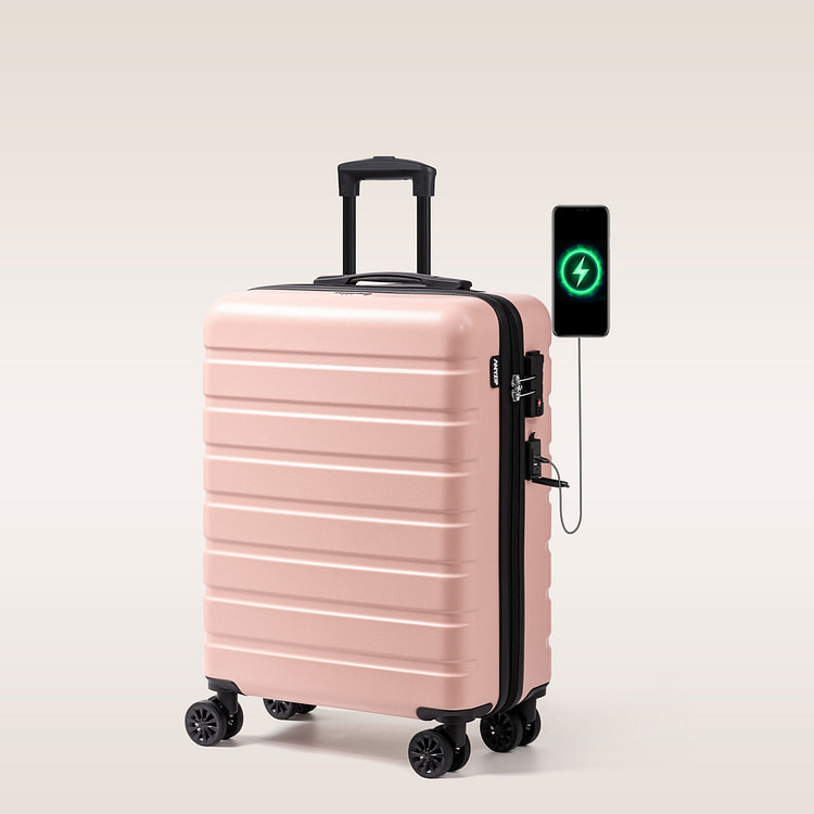 21 寸粉色手提行李箱带USB 充电口，轻便可登机