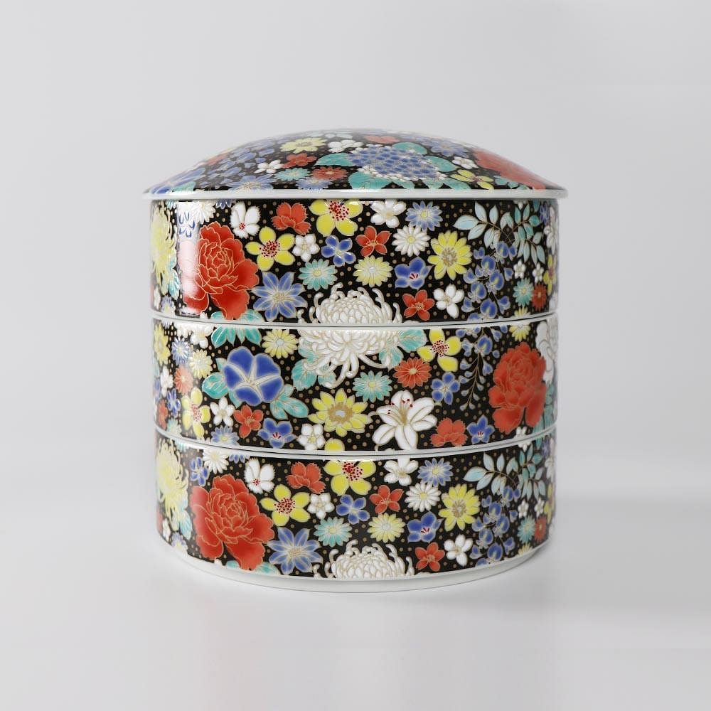 Kutani Ware Handmade 3 Tiered Bento Box (Black Flower, 6.1 x 6.1) Made in JP 1 count