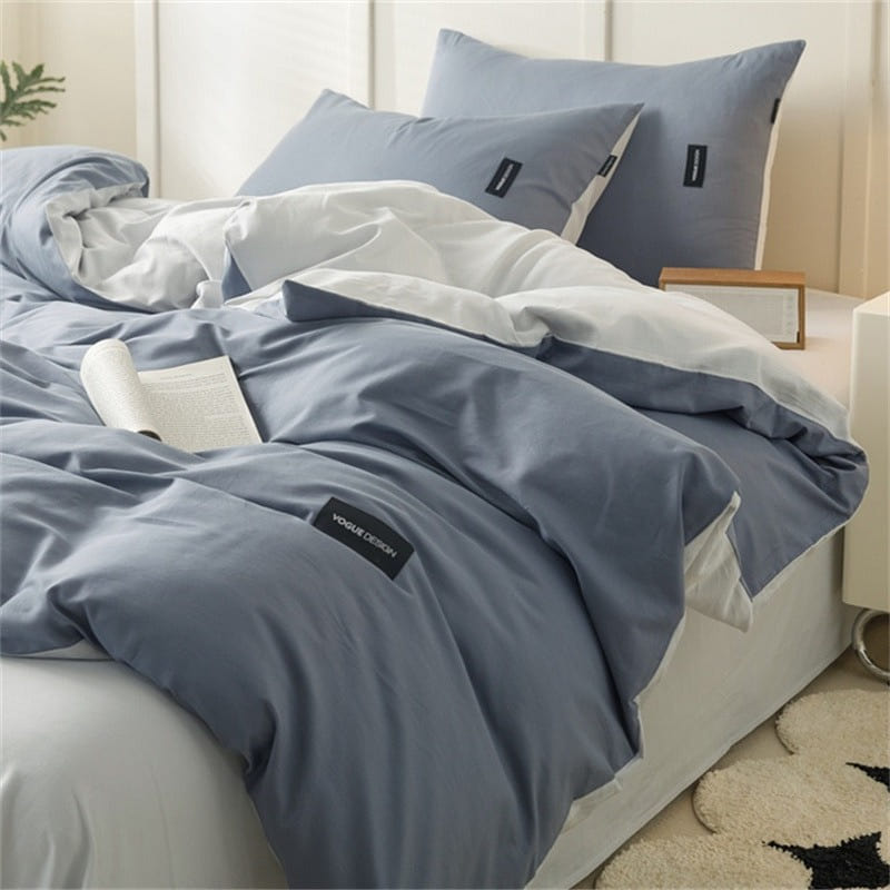 Bedding Set Flat Sheetx1 Duvet Coverx1 Pillow Casex2 Blue+Grey 1 each