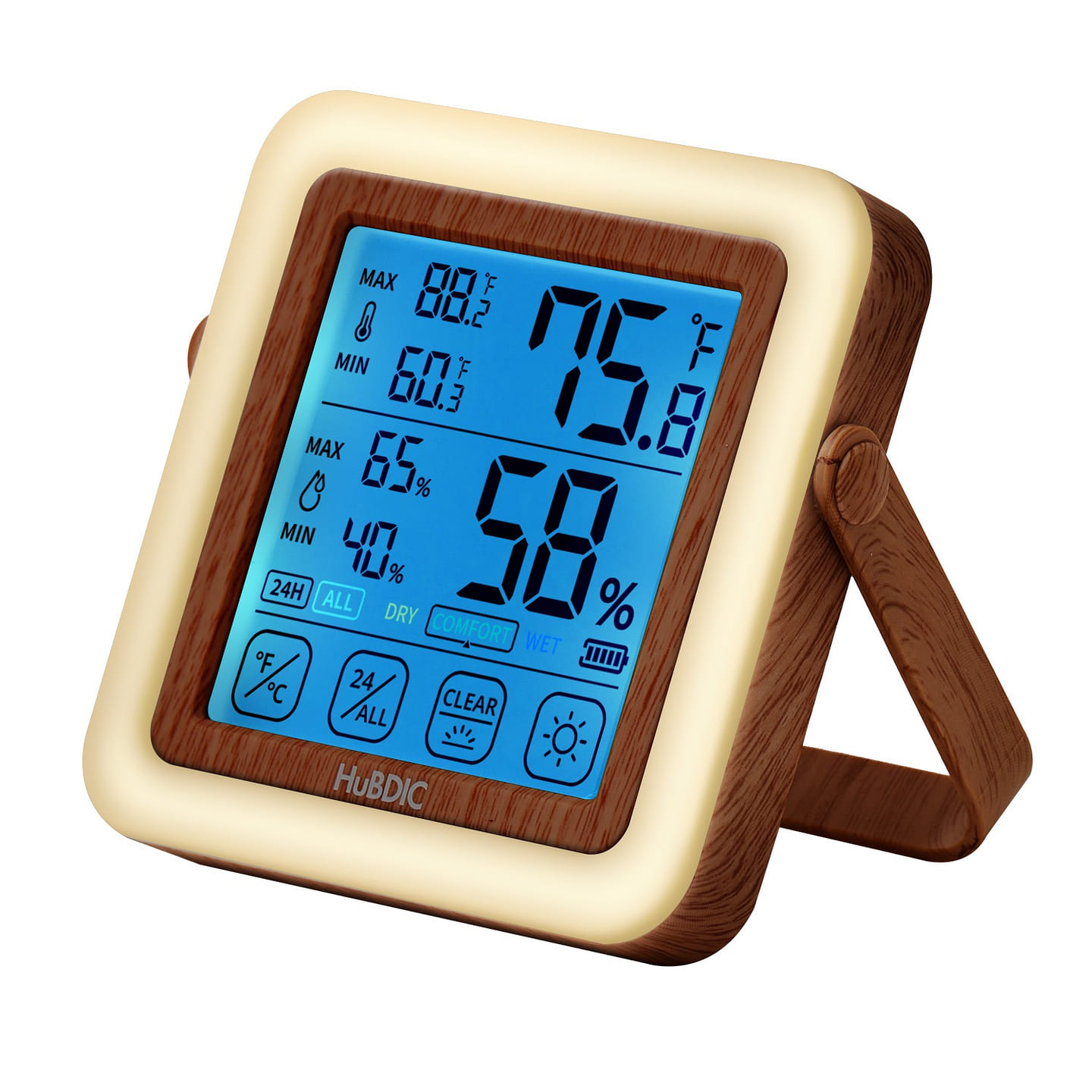 HuBDIC Hygrometer with 3 Level Bright Nightlight, Indoor Thermometer(Dark Wood) 1 count