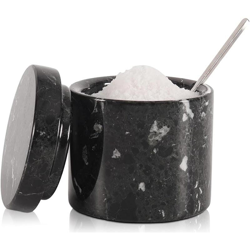 Marble Salt Cellar with Lid and SPoon, Black 1 each