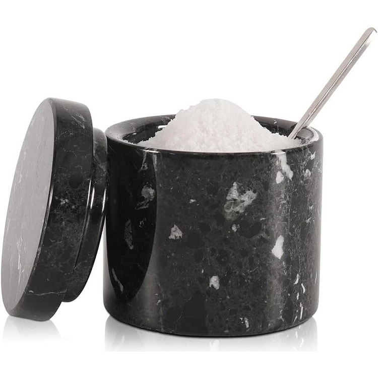 Marble Salt Cellar with Lid and SPoon, Black