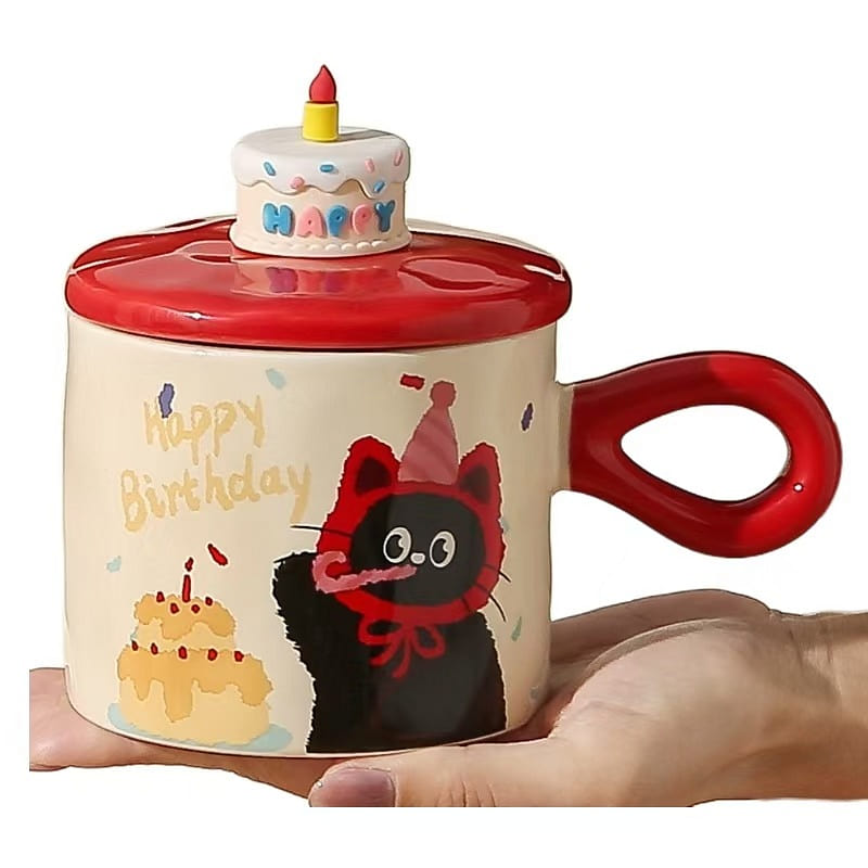 Gorgeous Ins Style Ceramic Mug With Lid Cute Couple Mc Cat Cake Mode -Red 1PC 1 개