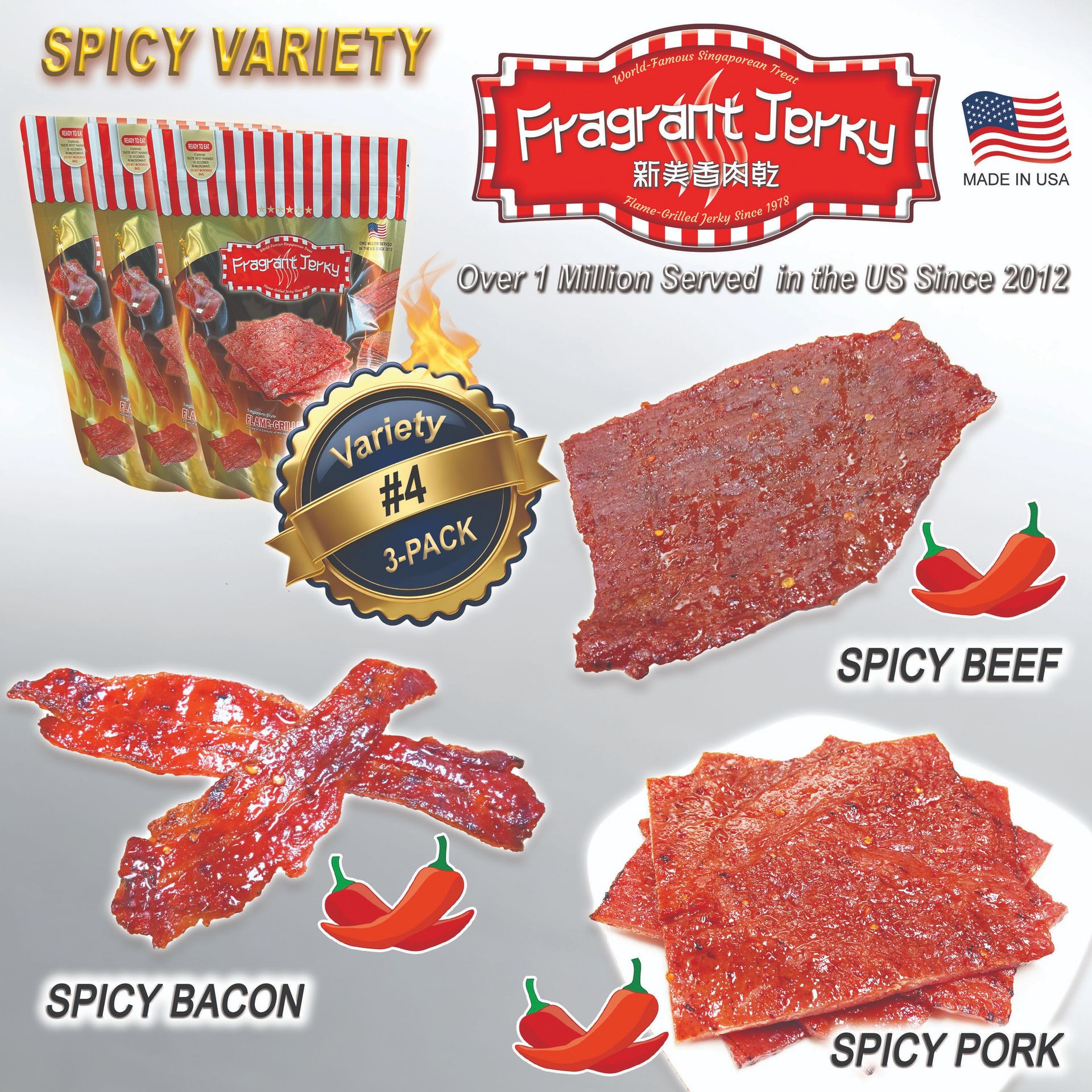 Spicy Flavor Jerky (Beef/Pork/Bacon) 3 Bags 340 g