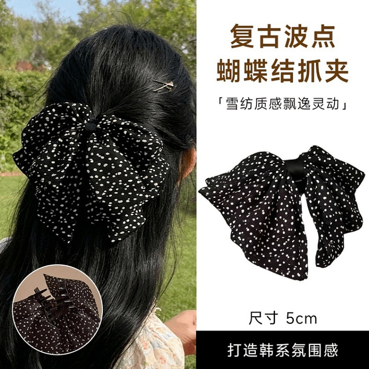 Chiffon Vintage Polka Dot Bow Hair Claw 5cm Black 1 count