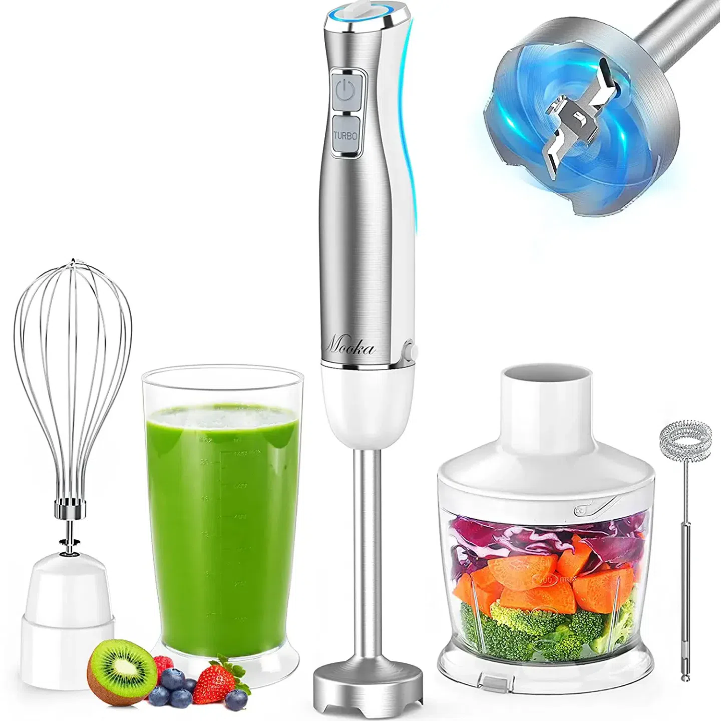 Hand Blender; 5 in 1 Multi-Purpose Immersion Blender set; 1100 watts 12 Adjustable Speed Stick Blender; 600ml Beaker; 500ml Food Processor Container; Egg Whisk; Milk Frother Attachments; White 1 個