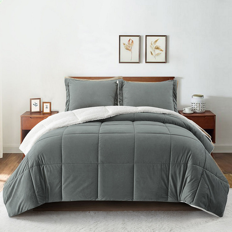 UNIKOME 3PC Winter Warm Blanket Fleece Antistatic Comforter Set Dark Gray Q