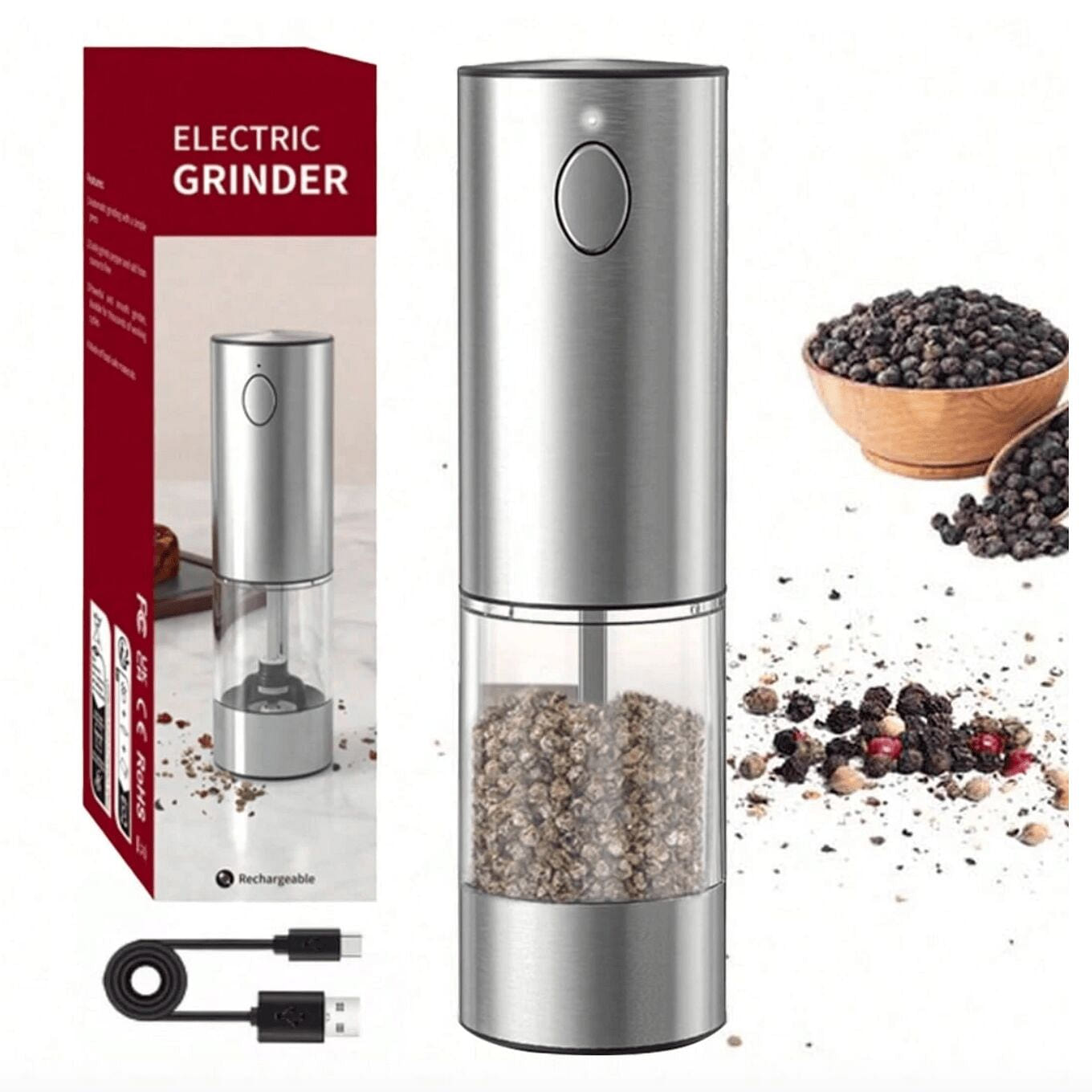 Stainless Steel Electric Pepper Grinder, Rechargea 1 pack