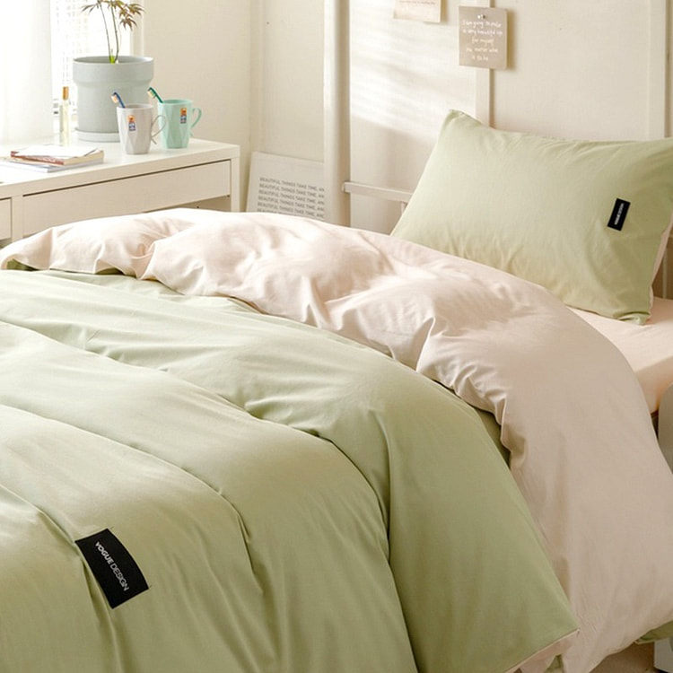 Solid Cotton Bedding Set Green+Light Pink Large 1 each