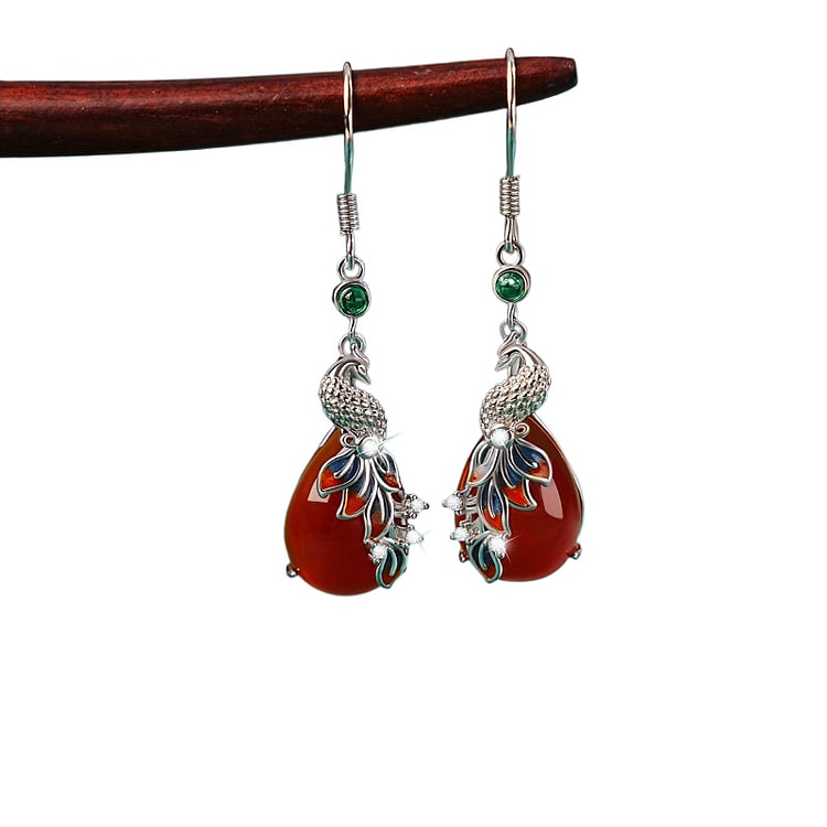 宫里上新 红玛瑙耳饰玉石耳环耳坠银色40*10mm 1 盒