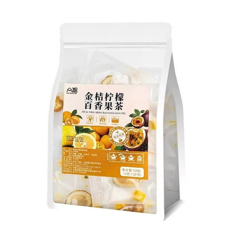 Kumquat, lemon, and passion fruit tea, made with f 100 g