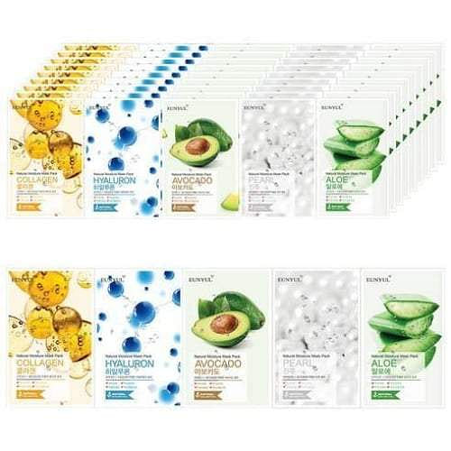 Eunyul Natural Mask Pack Aloe 10p + Collagen 10p + Pearl 10p + Hyaluron 10p + Avocado 10p, 50 sheets 1 box