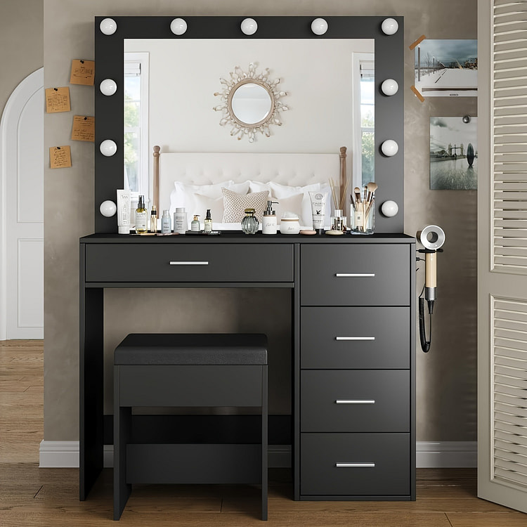 Vanity Desk with Power Outlet, 5 Drawers, Mirror.