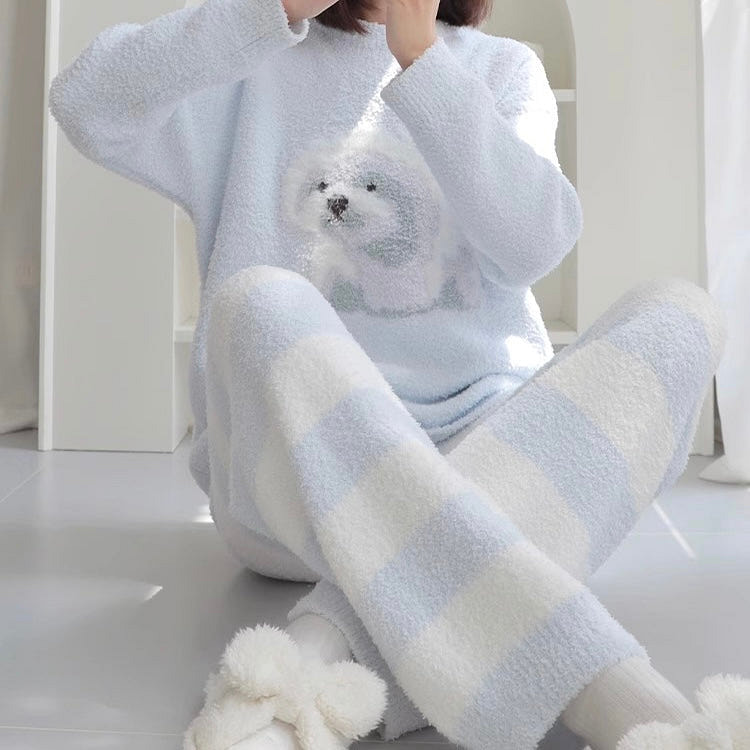 LULLABUY 云柔暖意牛奶绒睡衣套装 均码蓝色