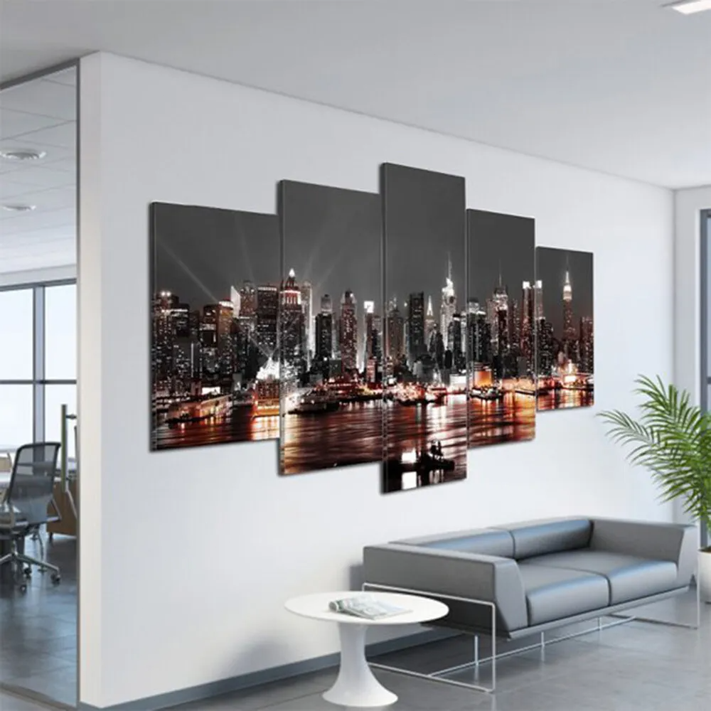 Canvas Wall Art Poster Print Modern City Night Painting Home Decor 5 Pieces 1 box