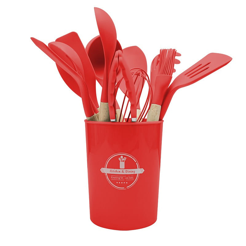 [Cooking Assistant] Wooden Handle Silicone Kitchenware Set 12 Pieces Red 1 box