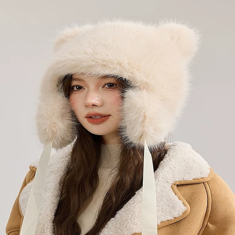Plush Little Bear Lei Feng Hat Warm, Thick, Versatile, Beige