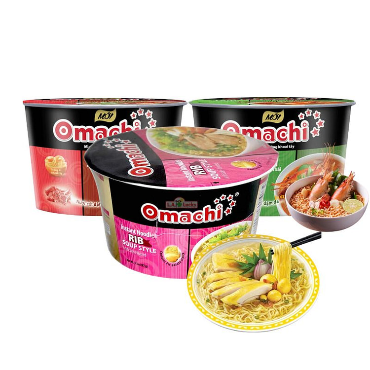 Omachi方便面3种口味组合：虾、牛、猪（碗装）