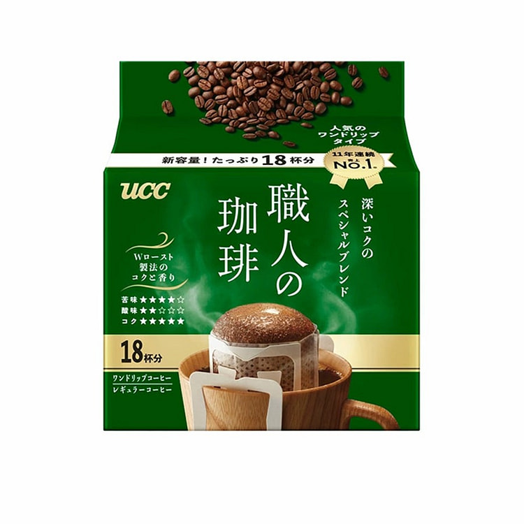 【日本直邮】日本UCC 咖啡职人 滴漏挂耳咖啡 纯黑咖啡粉 提神无蔗糖 深厚浓郁 绿色装 7g*18袋/