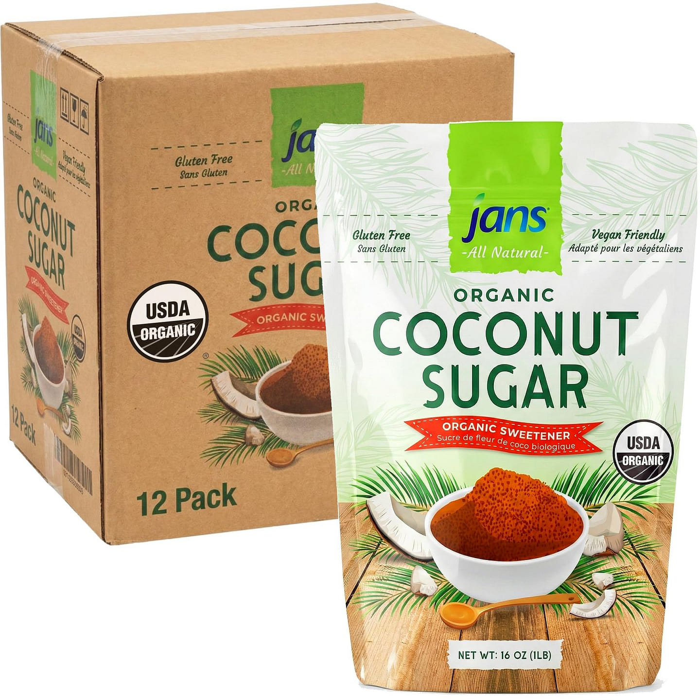 Jans – Organic Coconut Sugar 1lb – Pack of 12 12 lb*12 pack