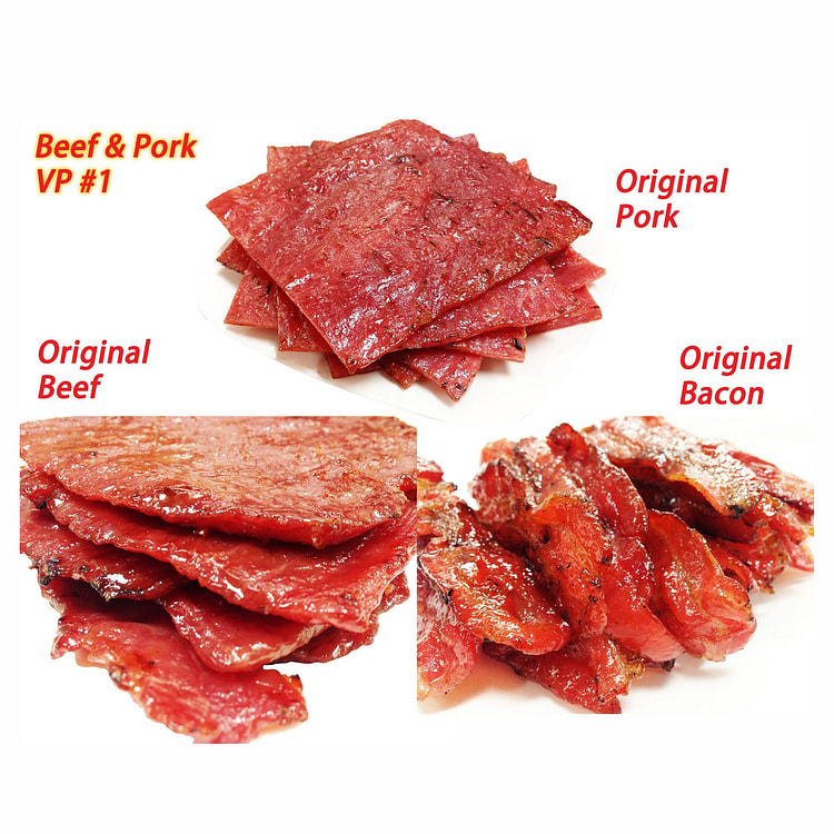 #1 现火烤猪肉+牛肉干 (原味猪肉 4oz./原味牛肉 4oz./原味培根 4oz.)肉脯 3袋共12oz