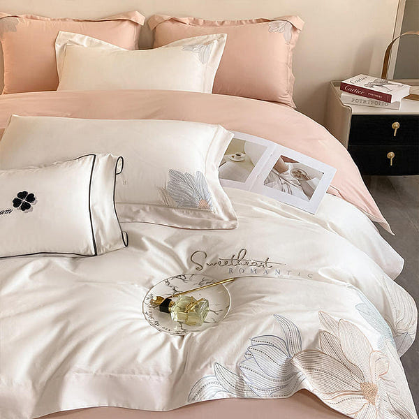 LULLABUY Hepburn Embroidery 80S Bedding Set White Queen Size 2000 g