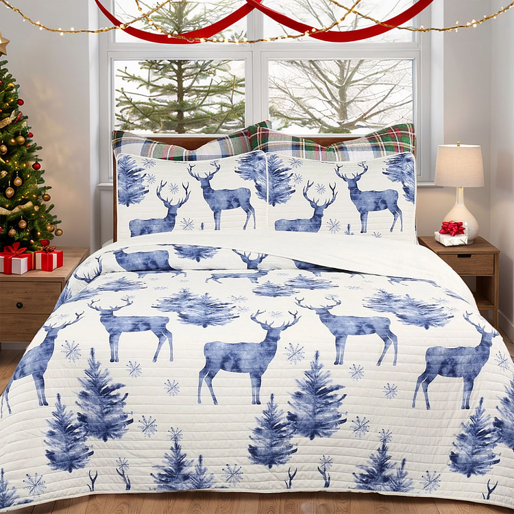 Marcielo King 圣诞三件套，床上用品，1条被子加2个枕垫，鹿图案 102" X 92”